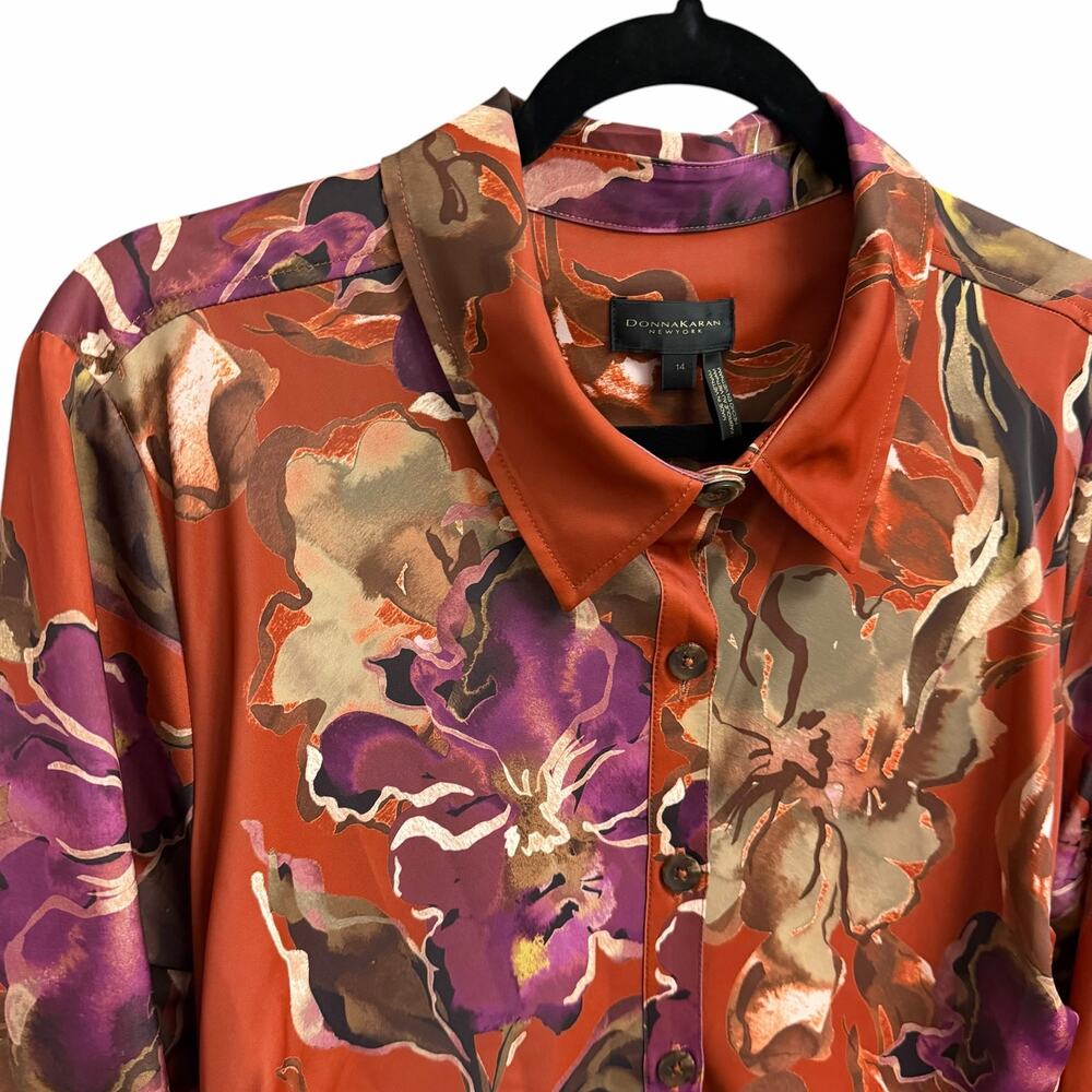 Donna Karan New York Orange Floral Print Button Front Midi Shirt Dress Womens 14 - Picture 6 of 11